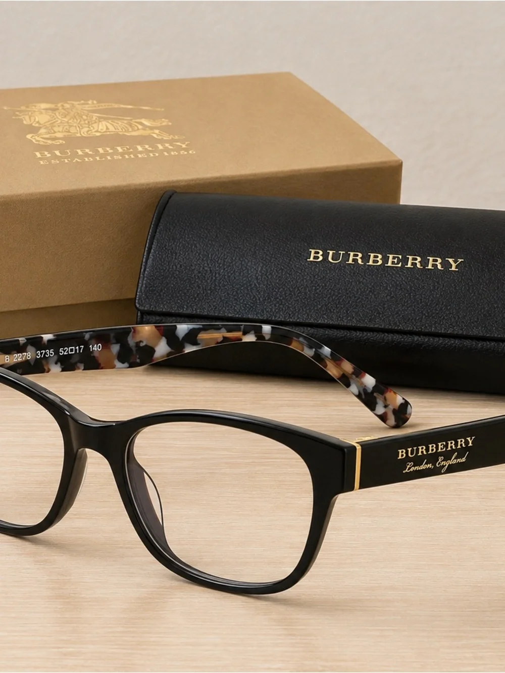 Burberry B2278 Black Cat-Eye Eyeglasses Check Temples 52-17-140